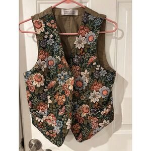 Karen Scott Floral Tapestry Vest Women Medium Brown Khaki Button Front